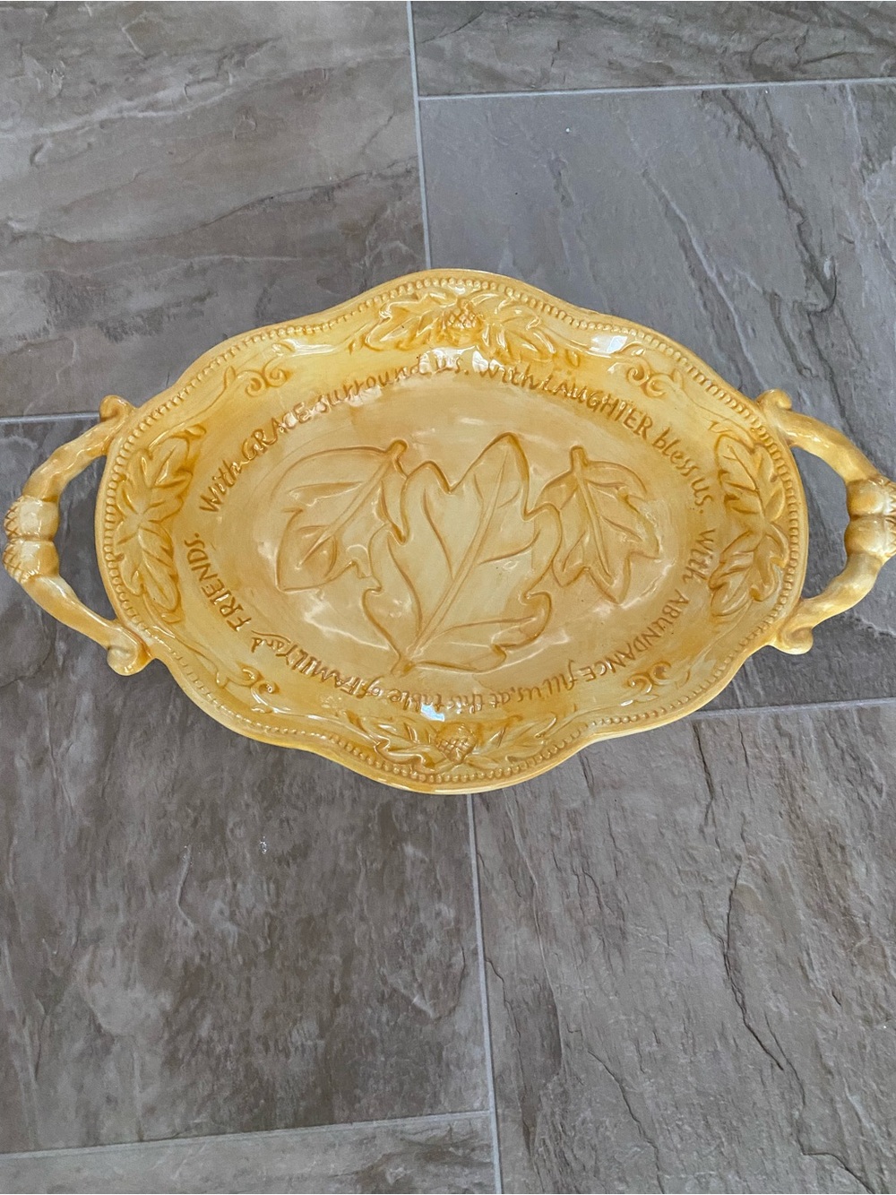 Yellow Ceramic Harvest Leaf Serving Platter with Acorn Handles